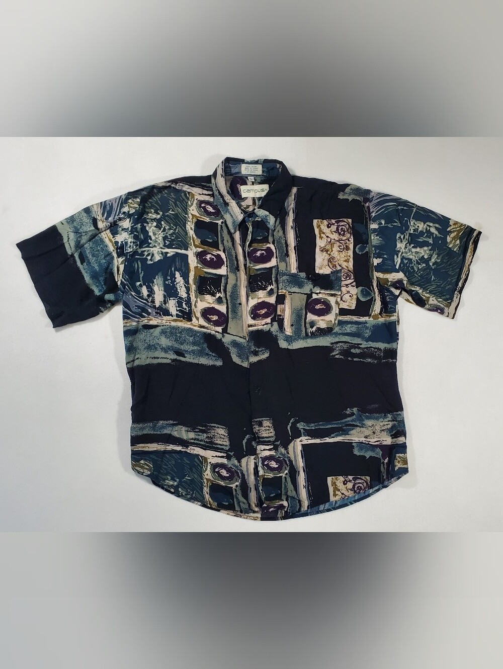 Vtg 90s Campus Multicolor Abstract Geometric Art Short Sleeve Shirt Sz L